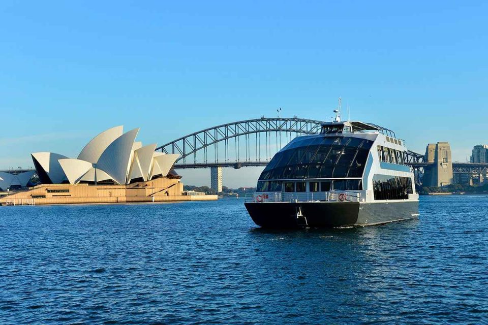 Luxury cruise on a glass boat with the Sydney Opera House and Harbour Bridge as the backdrop