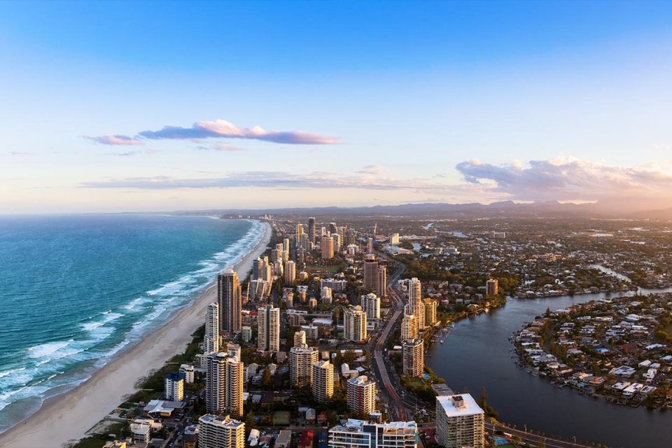 Bird’s eye view of Gold Coast in Queensland, with the views of the beach, river and skyline